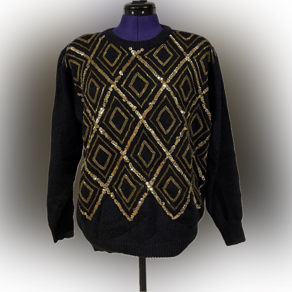 Vintage ALFRED DUNNER Womens Sweater Pullover Knit Black with gold Sequins